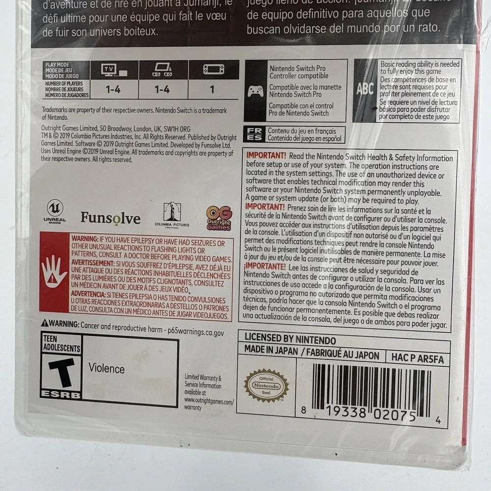 Nintendo Switch Jumanji the Video Game Outright Games‎ 2019 Sealed